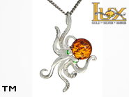 Jewellery SILVER sterling pendant.  Stone: amber. Silver octopus pendant with amber and green cubic zirconia. TAG: nature, animals, modern; name: P-K10; weight: 3.6g.